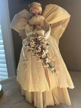 Large Corn Husk Angel with Floral Bouquet--Wedding?--American Folk Art